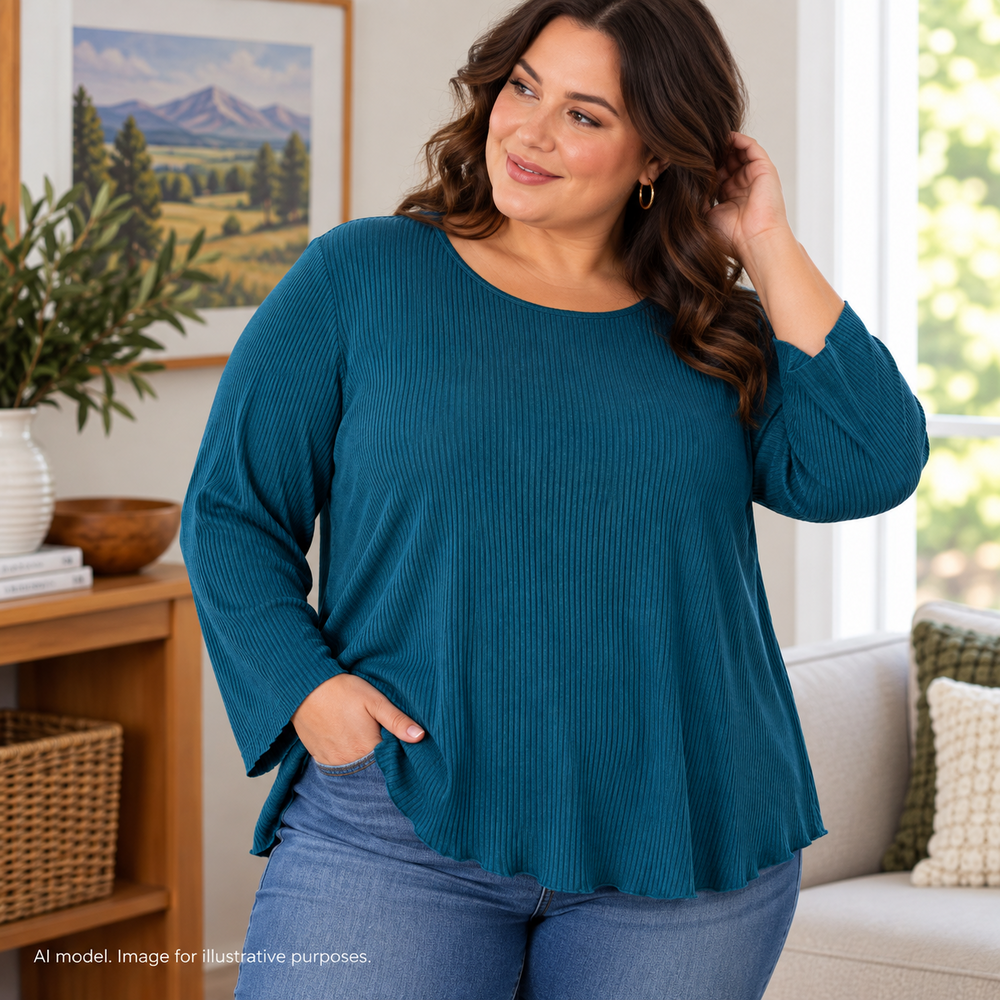 Coldwater Creek Sweater Women 1X Blue Teal Ribbed Silk Blend Minimalist Normcore